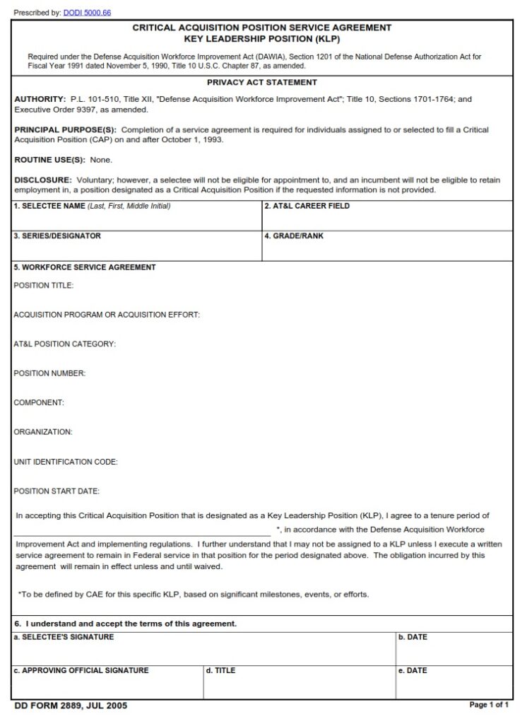 DD Form 2889 – Critical Acquisition Position Service Agreement Key ...