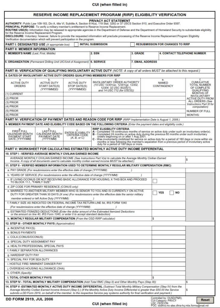 DD Form 2919 – Reserve Income Replacement Program (RIRP) Eligibility ...