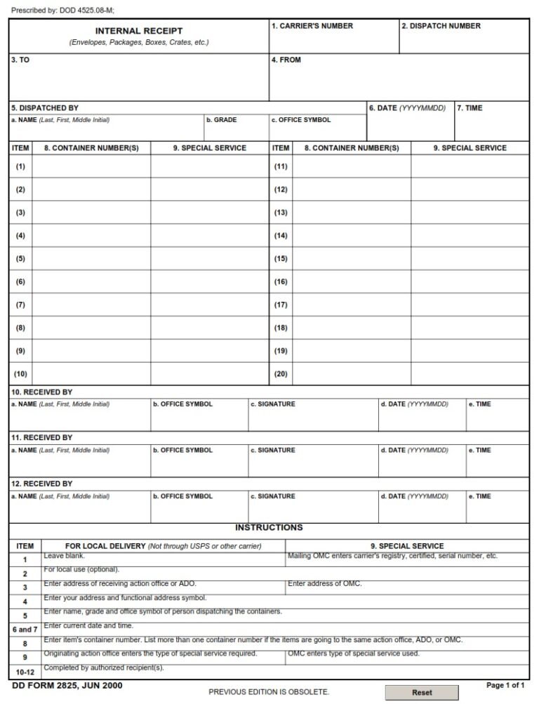 DD Form 2825 – Internal Receipt - DD Forms