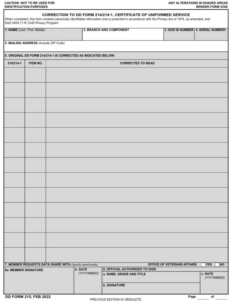 Dd Form 215 Correction To Dd Form 214214 1 Certificate Of Uniformed