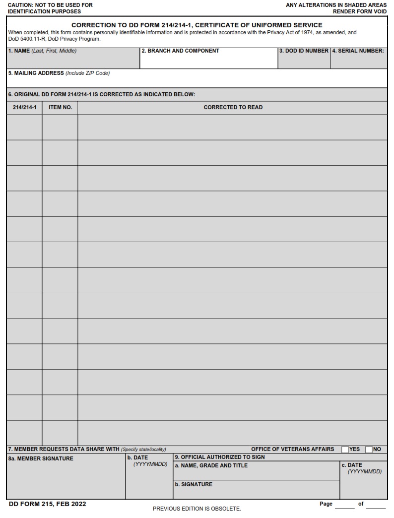 DD Form 215 Correction To DD Form 214 214 1 Certificate Of Uniformed