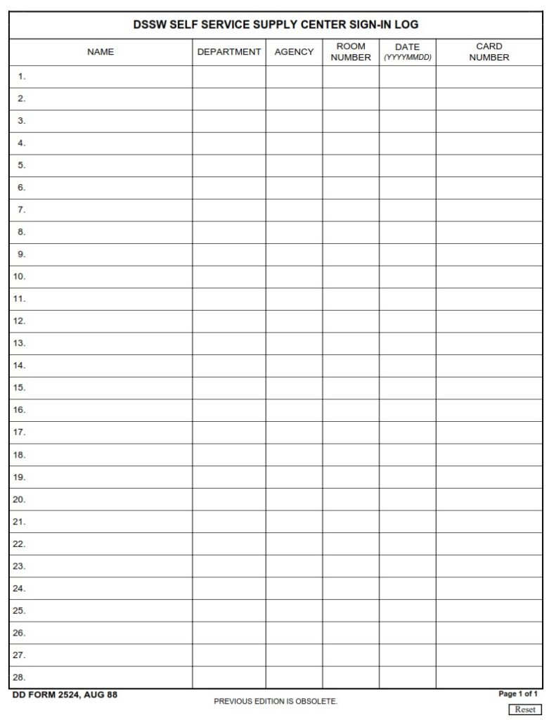 DD Form 2524 – DSSW Self Service Supply Center Sign-In Log - DD Forms