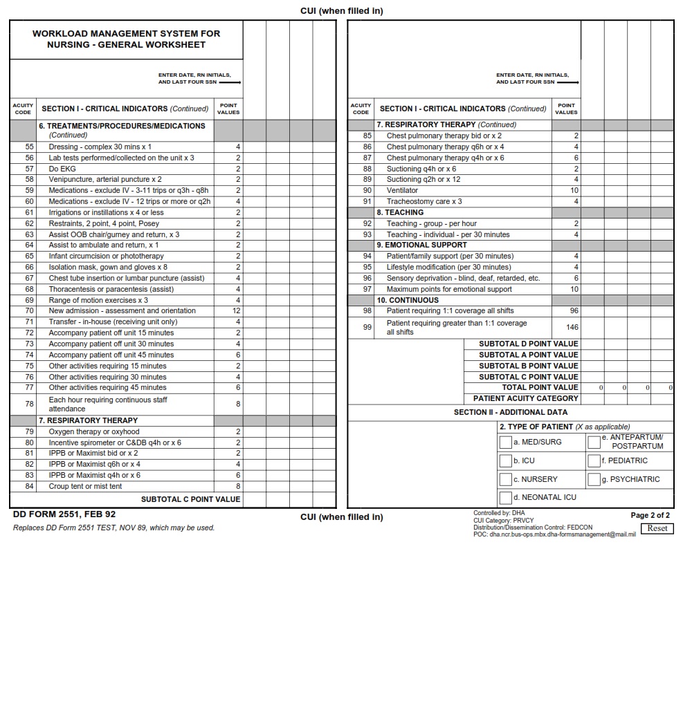 DD Form 2551 Workload Management System For Nursing General