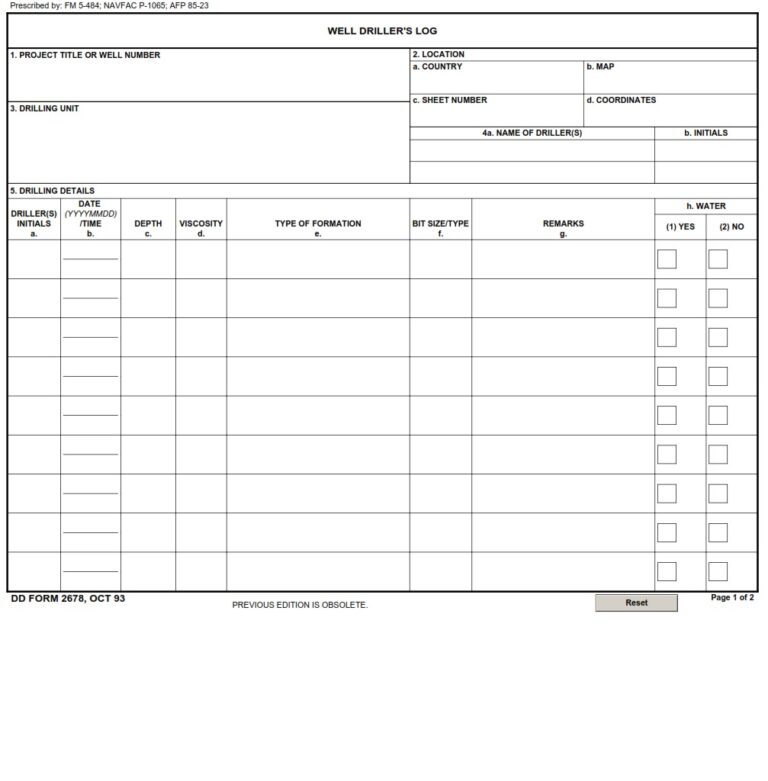 DD Form 2678 – Well Driller’s Log - DD Forms