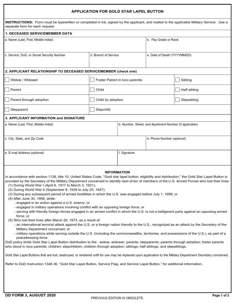 DD Form 3 Application For Gold Star Lapel Button DD Forms