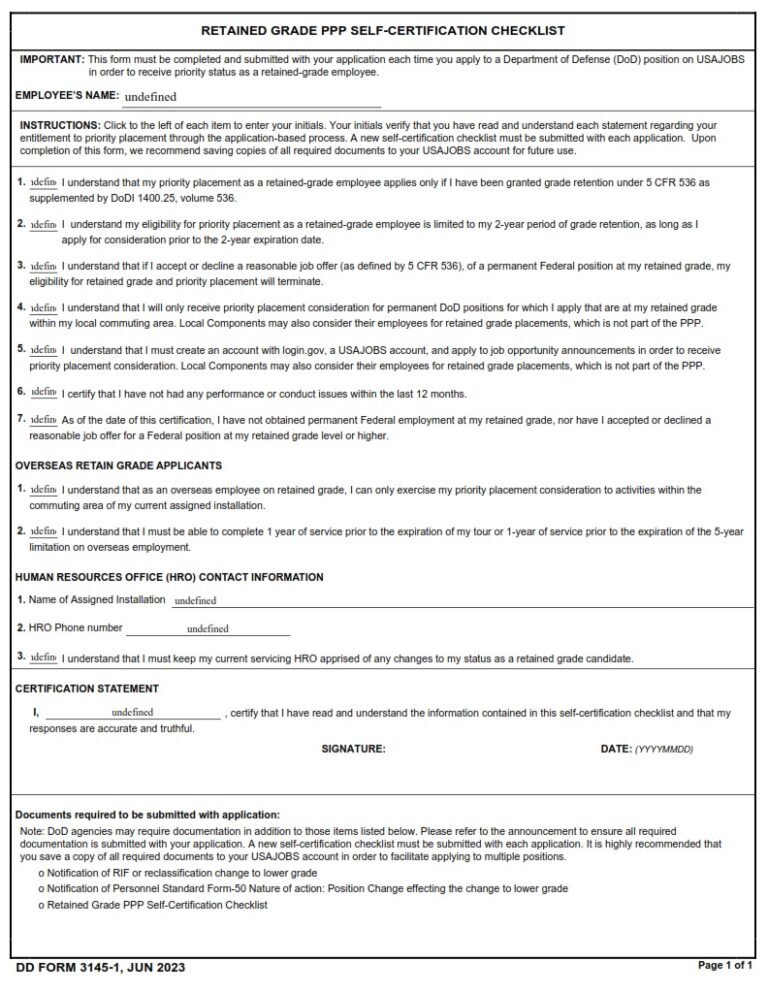 Dd Form 3145-1 – Retained Grade Ppp Self-certification Checklist - Dd Forms