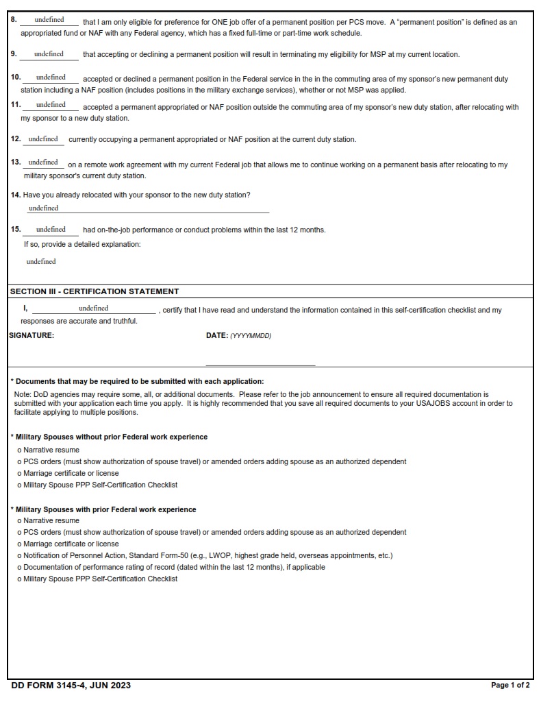 DD Form 3145 4 Military Spouse PPP Self Certification Checklist DD