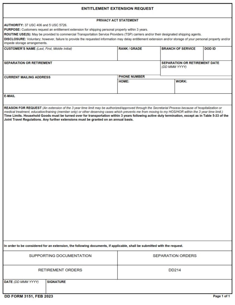 DD Form 3151 – Entitlement Extension Request - DD Forms