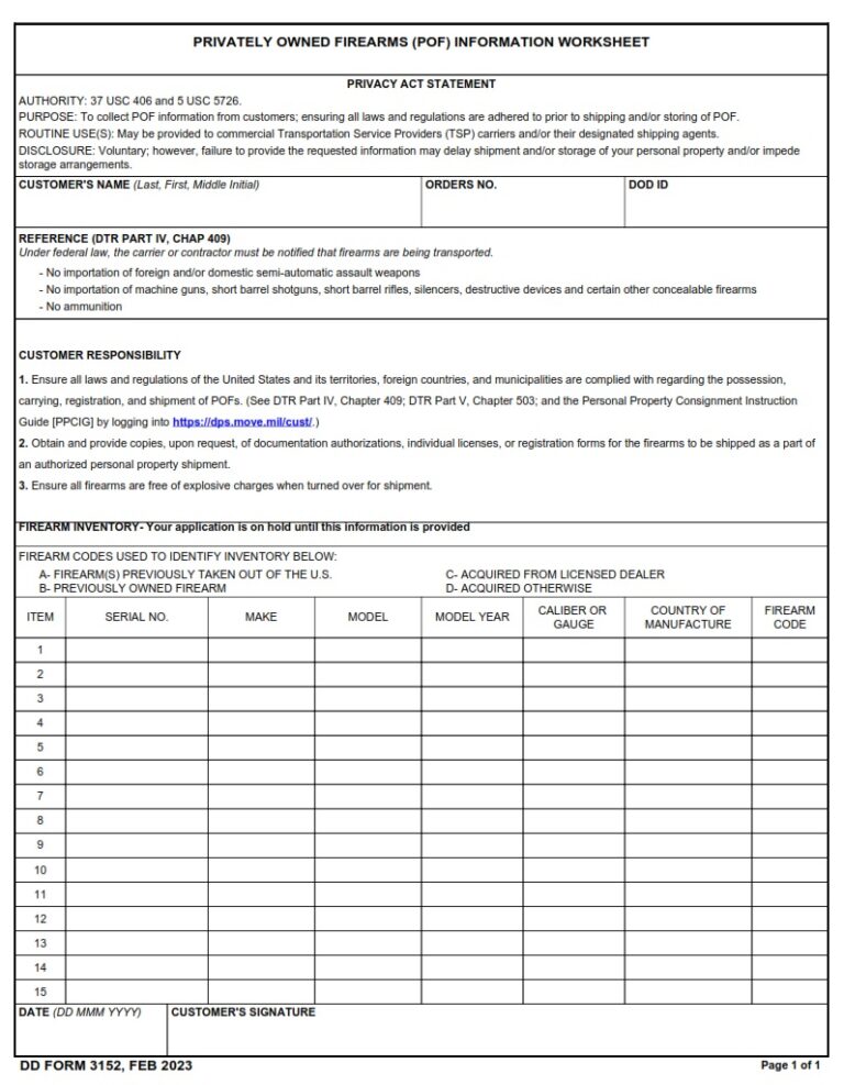 DD Form 3152 – Privately Owned Firearms (POF) Information Worksheet ...