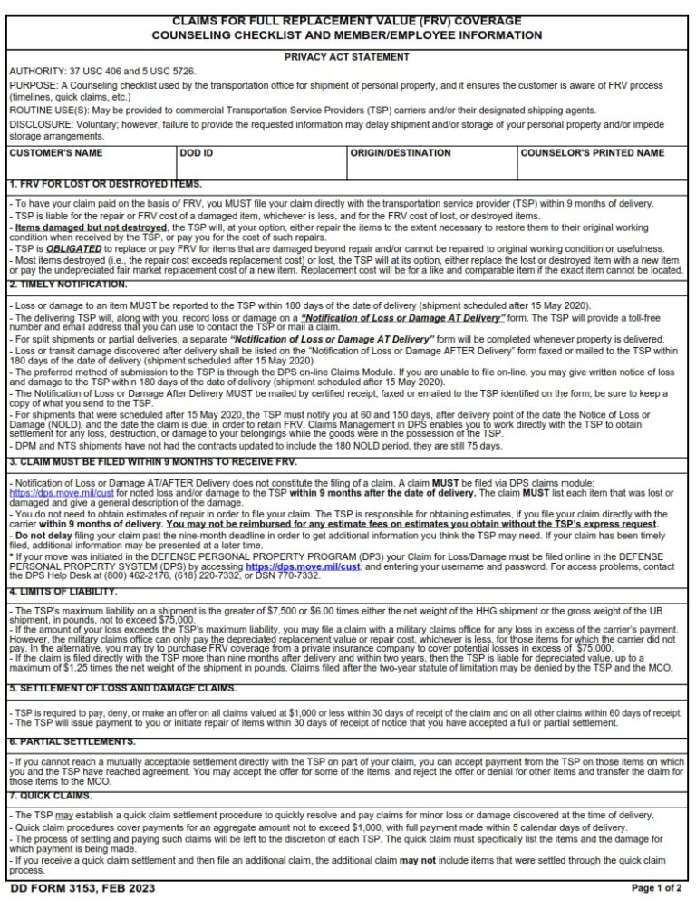 DD Form 3153 – Claims for Full Replacement Value (FRV) Coverage ...