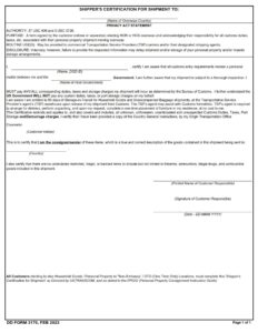 DD Form 3170 – Shipper’s Certification for Shipment - DD Forms