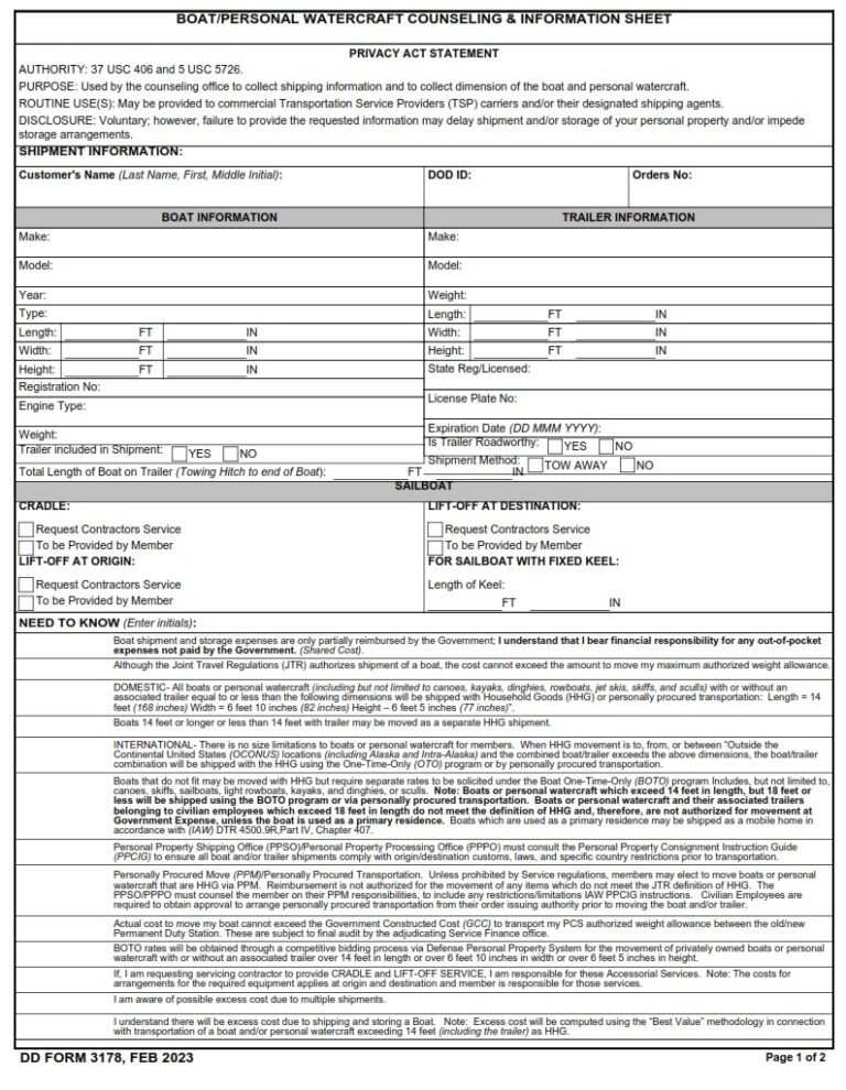 DD Form 3178 – Boat/Personal Watercraft Counseling & Information Sheet ...