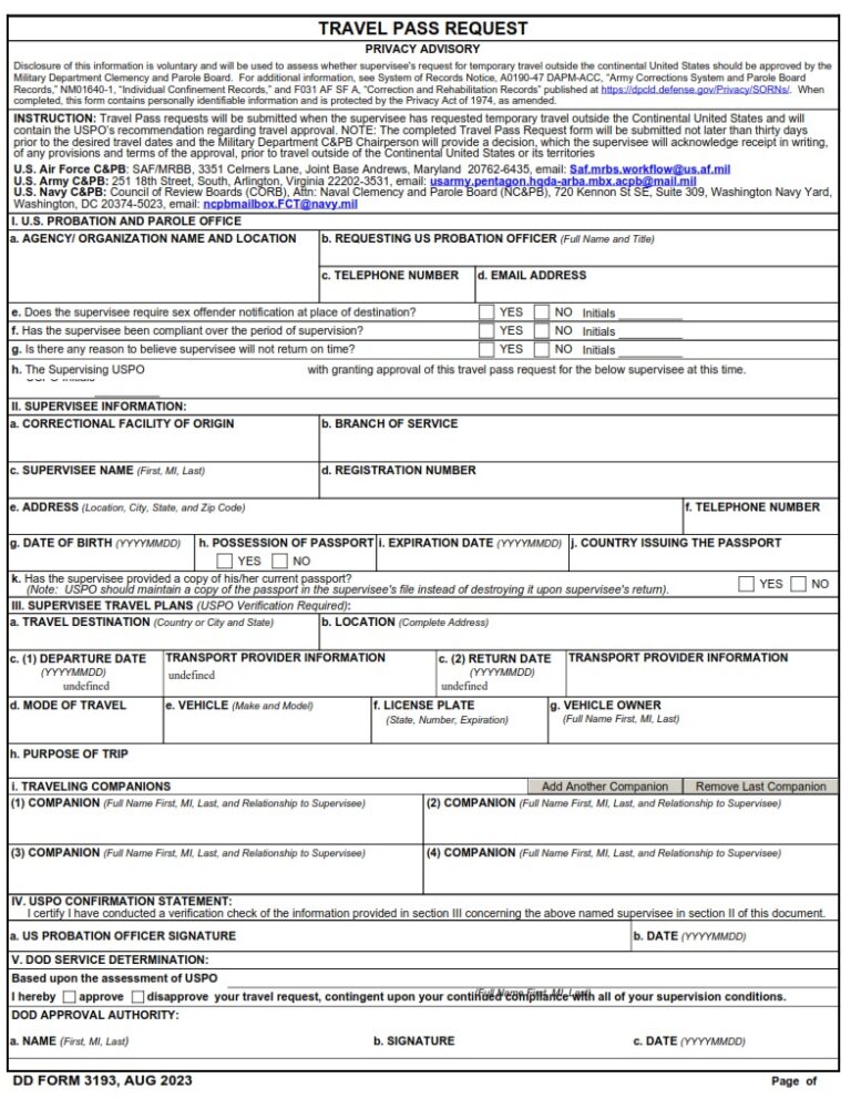 DD Form 3193 – Travel Pass Request - DD Forms