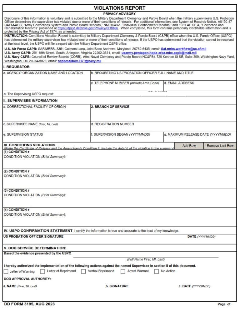 DD Form 3195 – Violations Report - DD Forms