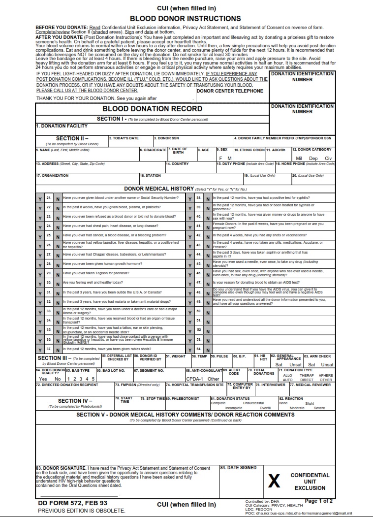 DD Form 572 Blood Donation Record DD Forms