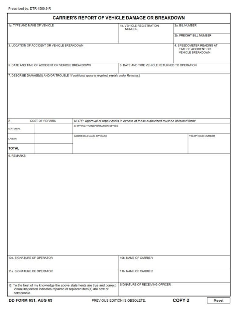 DD Form 651 – Carrier’s Report of Vehicle Damage or Breakdown - DD Forms