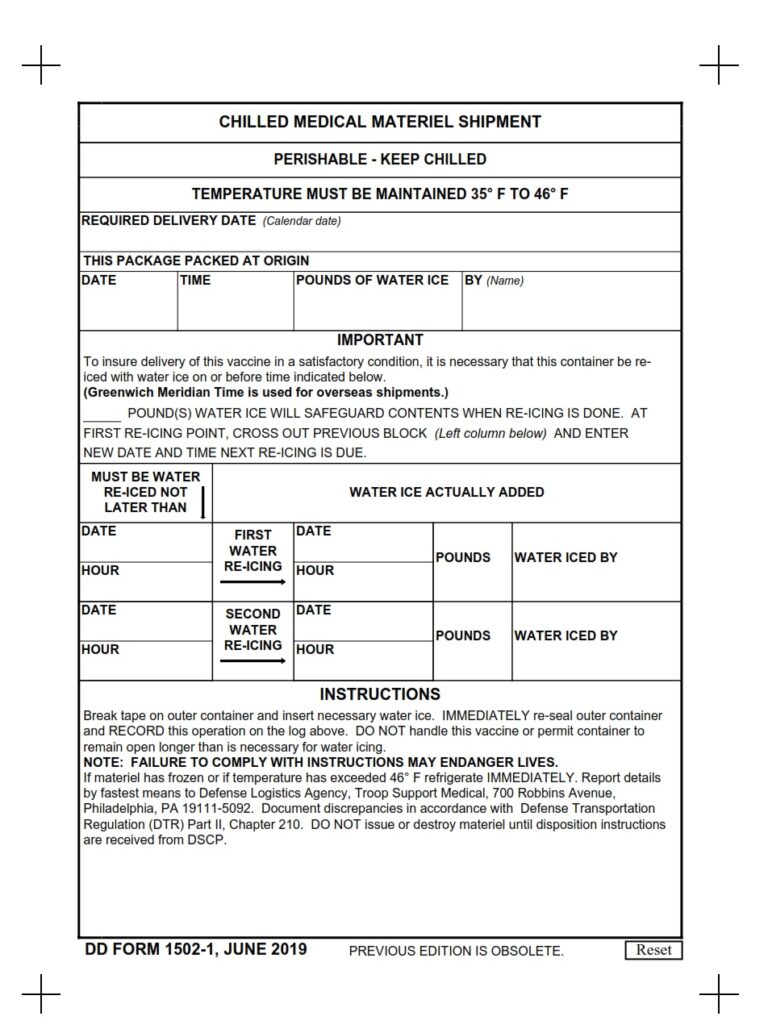 DD Form 1502 1 Chilled Medical Materiel Shipment DD Forms