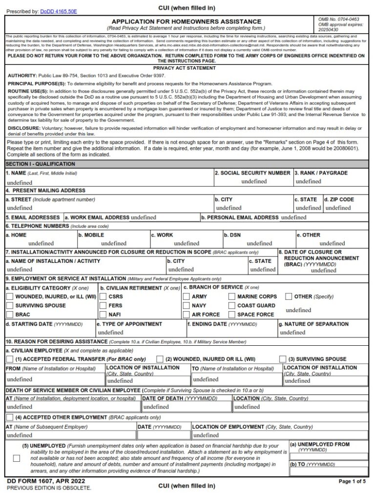 DD Form 1607 – Application For Homeowners Assistance Program - DD Forms