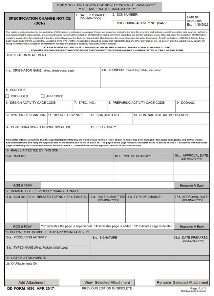 DD Form 1696 – Specification Change Notice (SCN) - DD Forms