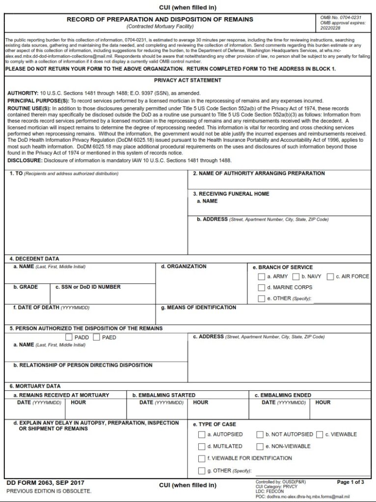 Dd Form 2062 Record Of Preparation And Disposition Of Remains