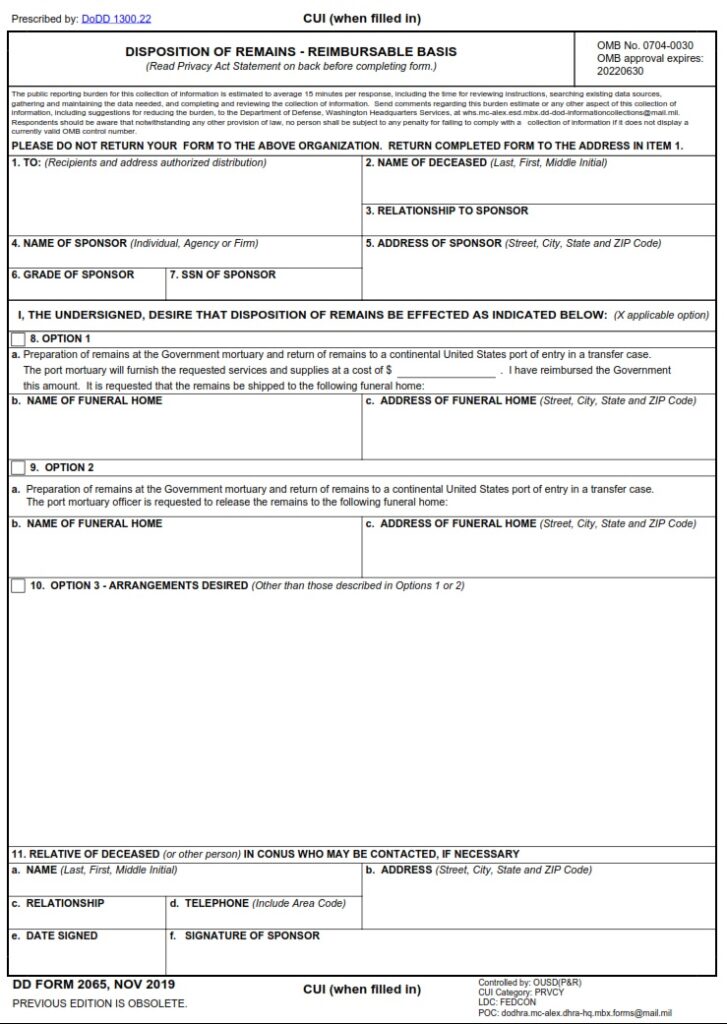 DD Form 2065 – Disposition of Remains-Reimbursable Basis - DD Forms