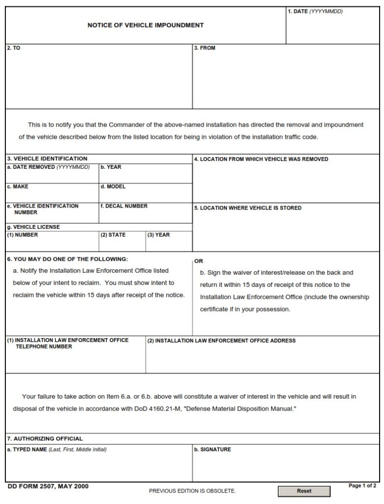 DD Form 2507 – Notice of Vehicle Impoundment - DD Forms