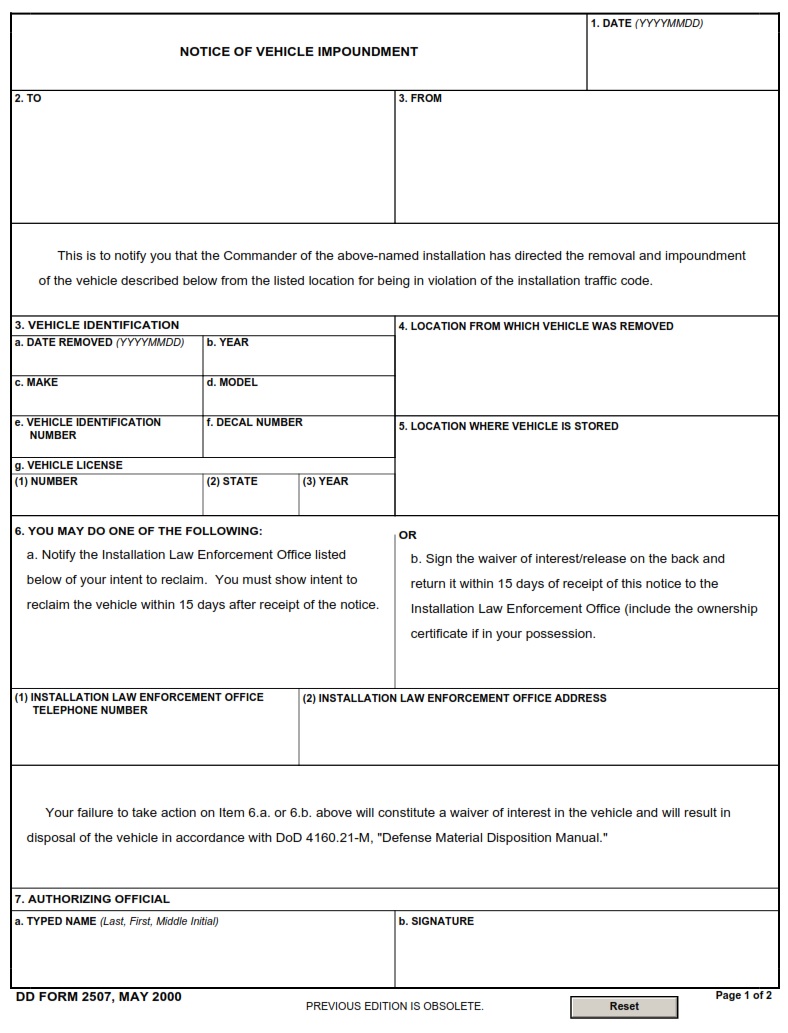 DD Form 2507 Notice Of Vehicle Impoundment DD Forms