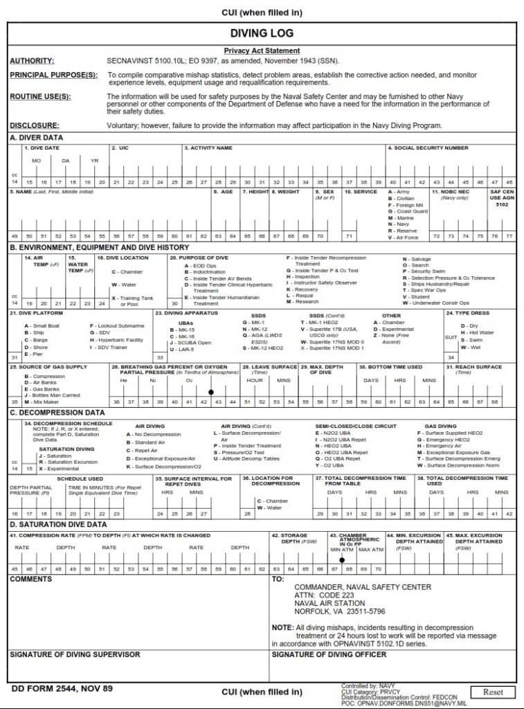 DD Form 2544 – Diving Log - DD Forms