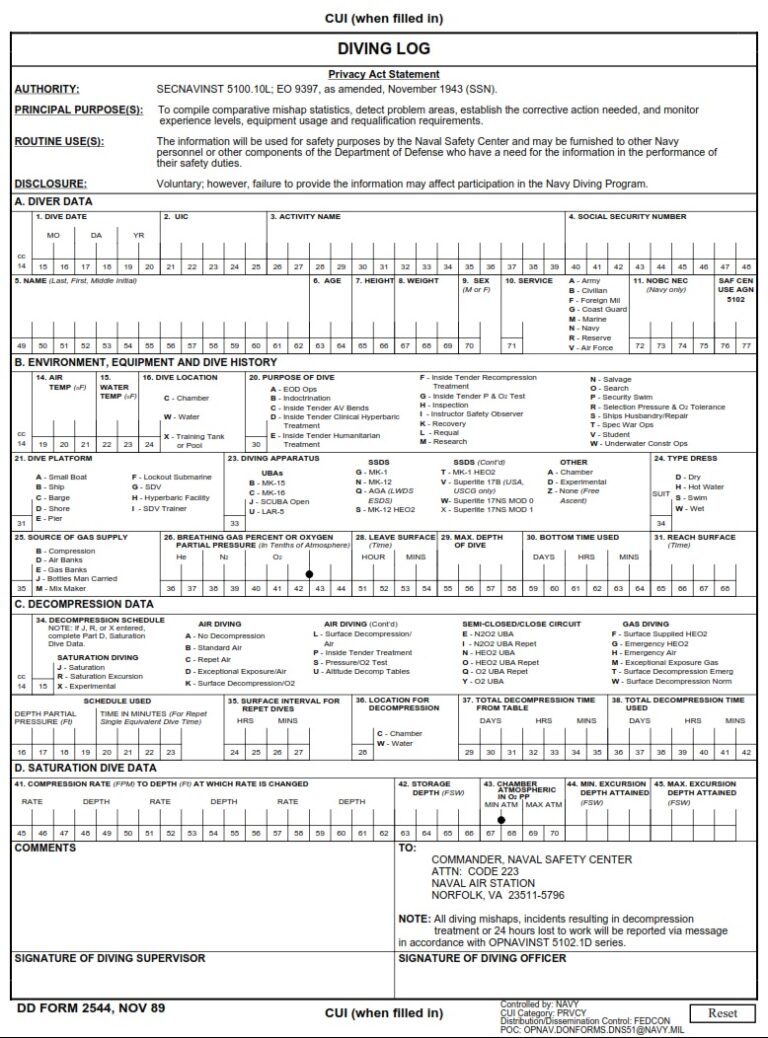 Dd Form 2544 – Diving Log - Dd Forms