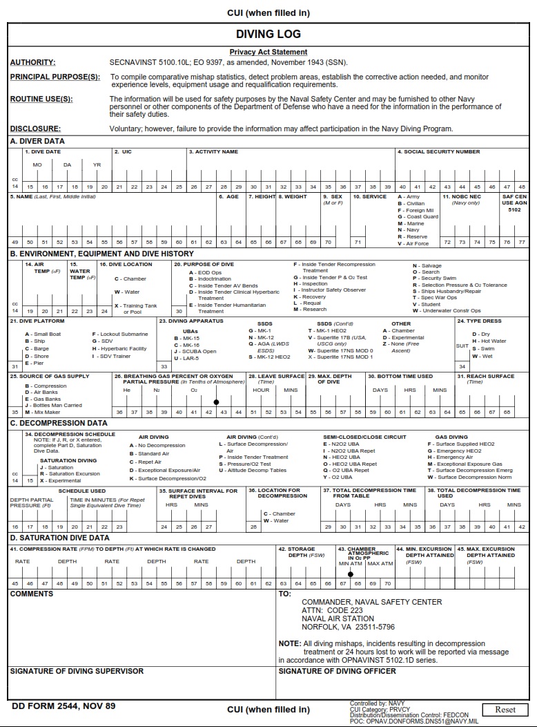 DD Form 2544 Diving Log DD Forms