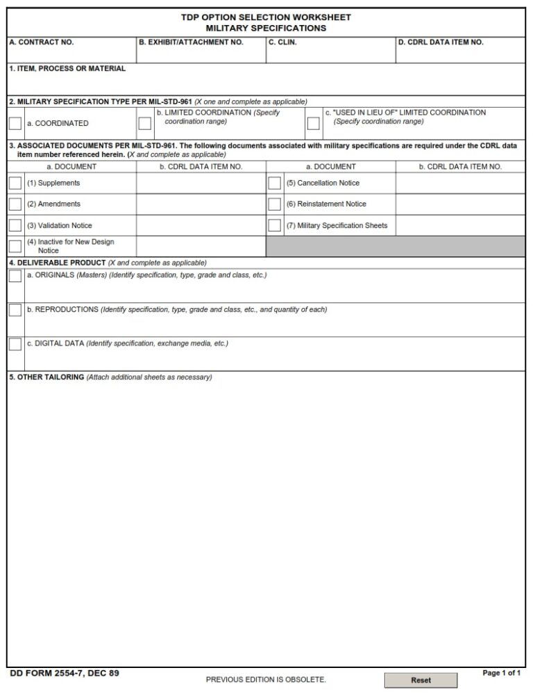 DD Form 2554 7 Military Specifications DD Forms