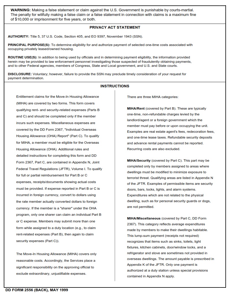 DD Form 2556 Move In Housing Allowance Claim Form DD Forms