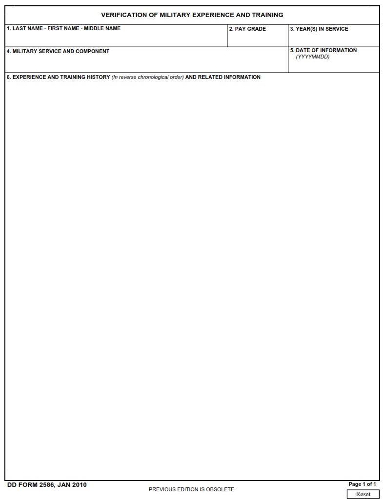 DD Form 2586 Verification Of Military Experience And Training DD Forms