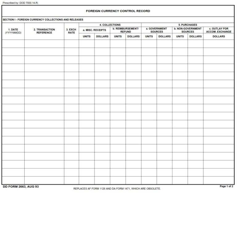 DD Form 2663 – Foreign Currency Control Record - DD Forms