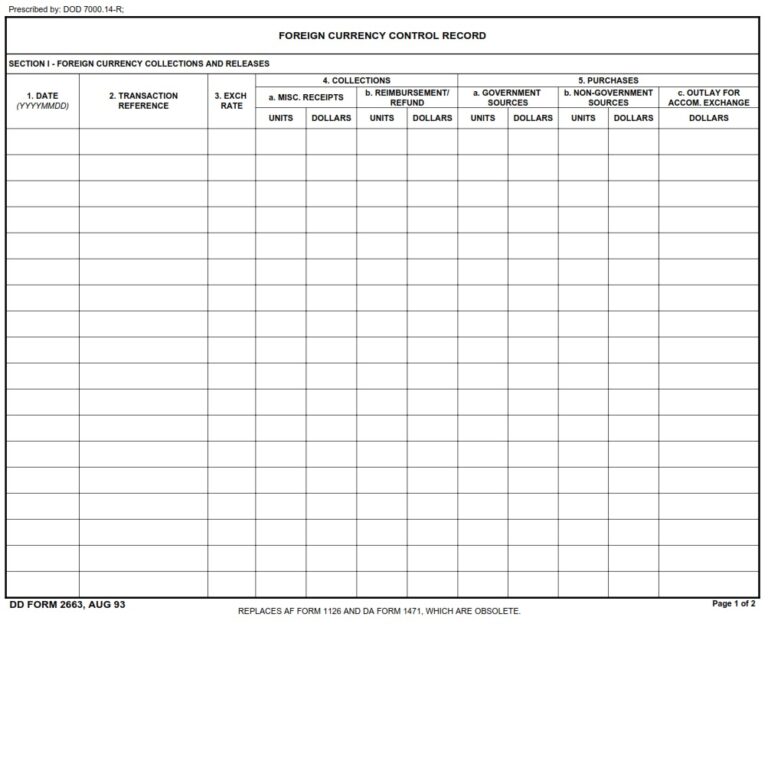 DD Form 2663 Foreign Currency Control Record DD Forms