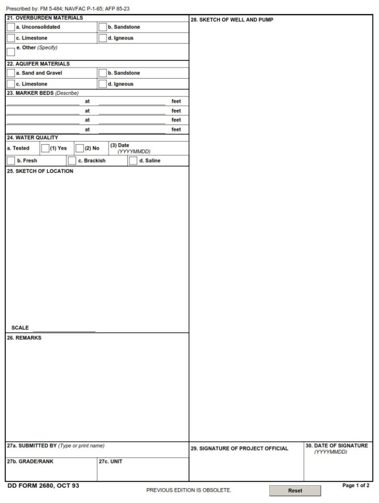 DD Form 2680 – Military Water Well Completion Summary Report - DD Forms