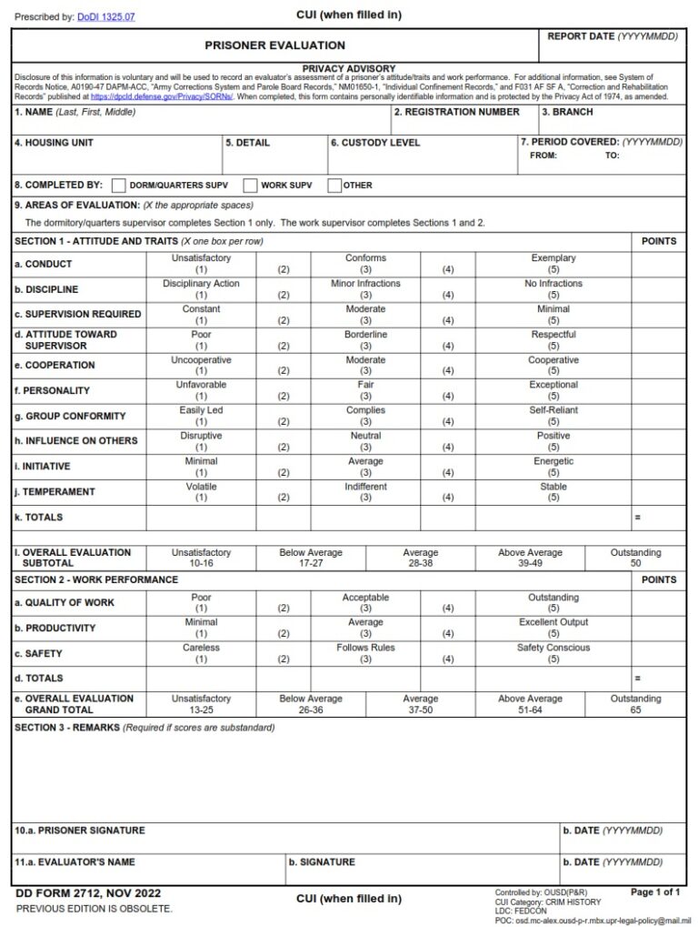 DD Form 2712 Prisoner Evaluation DD Forms