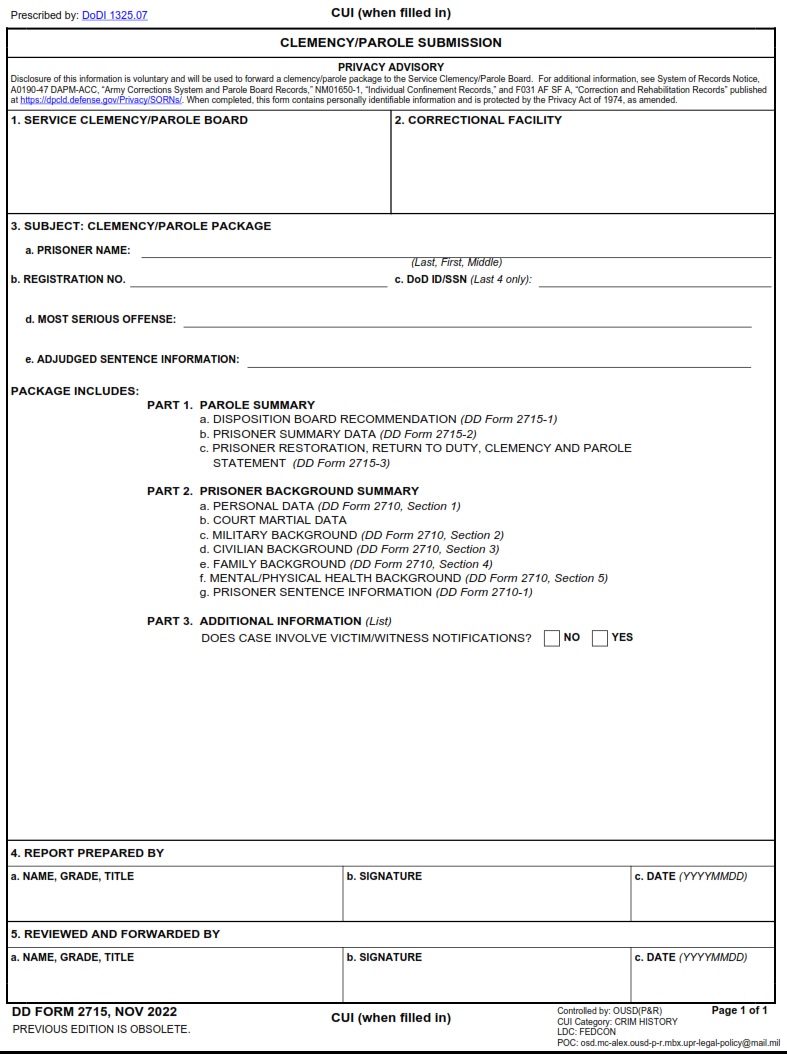 DD Form 2715 Clemency Parole Submission DD Forms