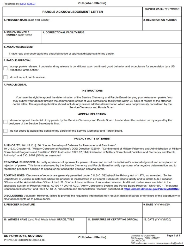 DD Form 2716 Parole Acknowledgement Letter DD Forms