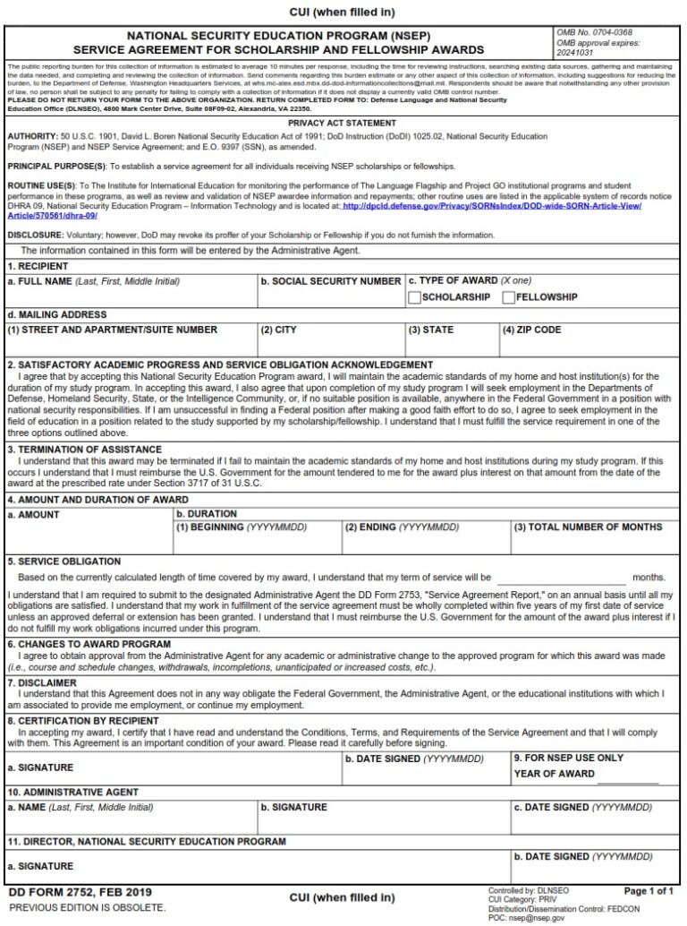 DD Form 2752 – National Security Education Program (NSEP) Service ...