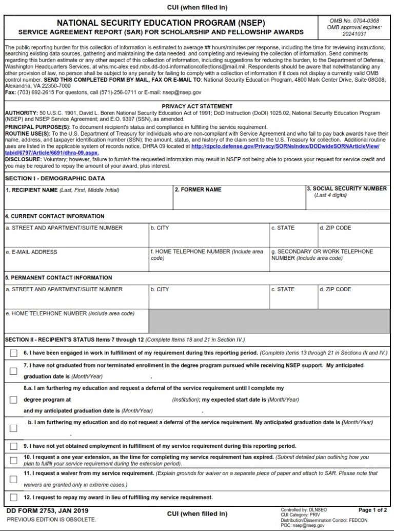 Dd Form 2753 – National Security Education Program (nsep) Service 