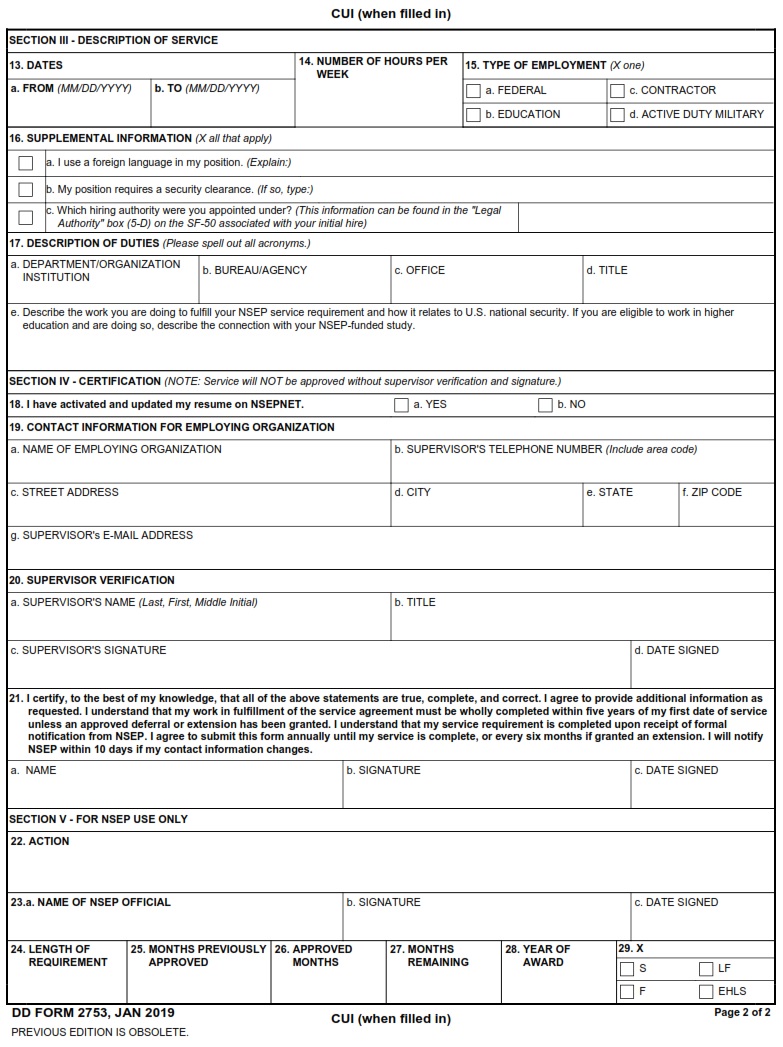 DD Form 2753 National Security Education Program NSEP Service