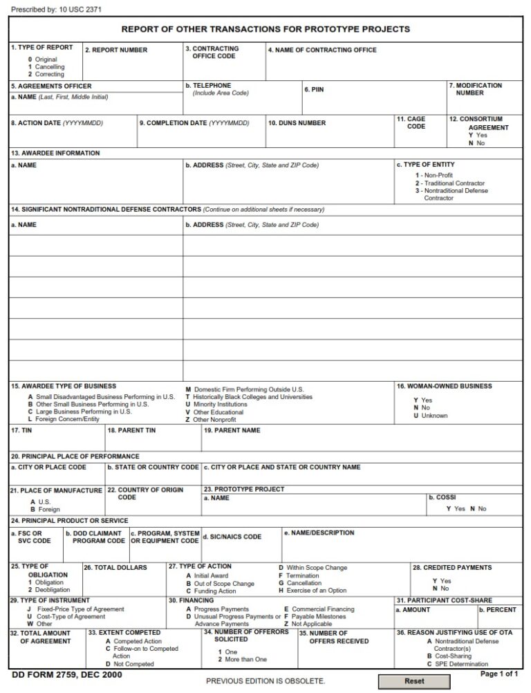 DD Form 2759 – Report of Other Transactions for Prototype Projects - DD ...