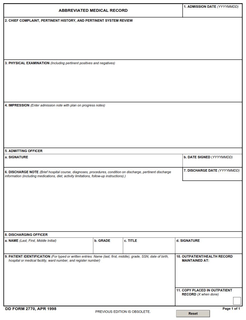 DD Form 2770 Abbreviated Medical Record DD Forms