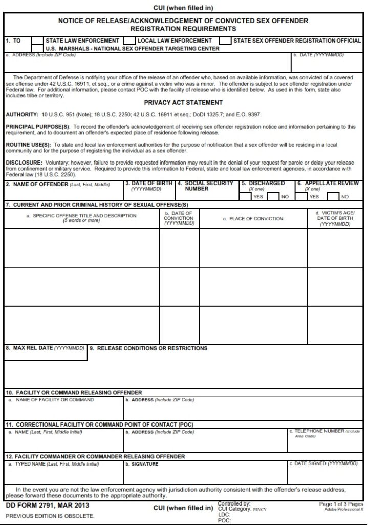 DD Form 2791 – Notice of Release/Acknowledgement of Convicted Sex ...