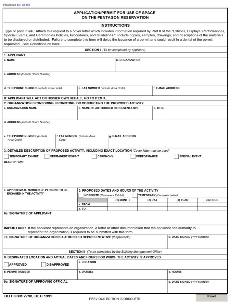 DD Form 2798 – Application/Permit for Use of Space on the Pentagon ...