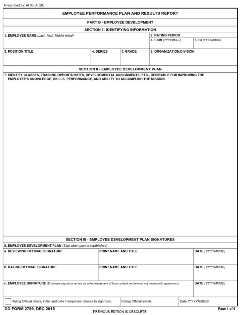 DD Form 2799 – Employee Performance Plan and Results Report - DD Forms