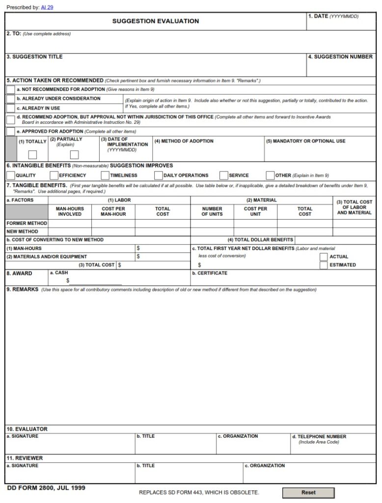 DD Form 2800 – Suggestion Evaluation - DD Forms