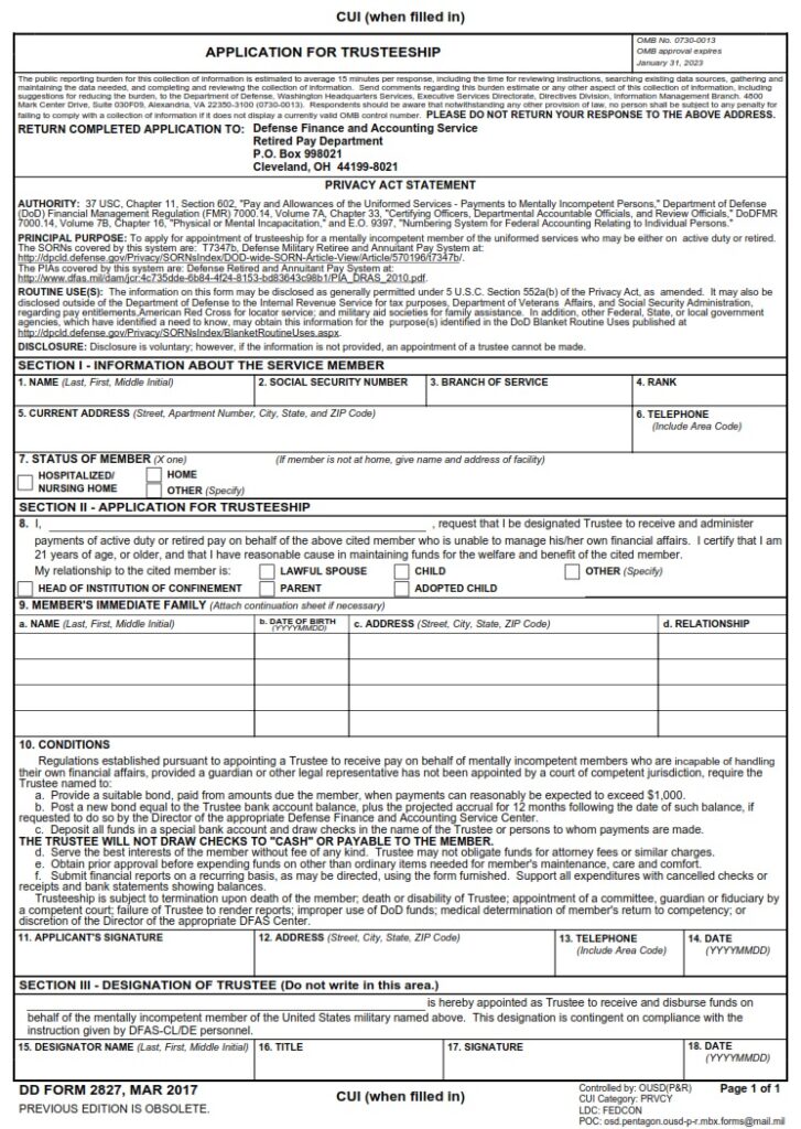 DD Form 2827 – Application for Trusteeship - DD Forms