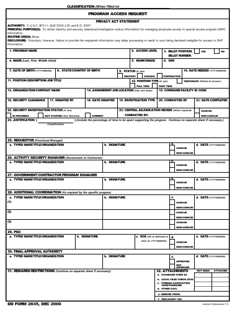 DD Form 2835 Program Access Request DD Forms